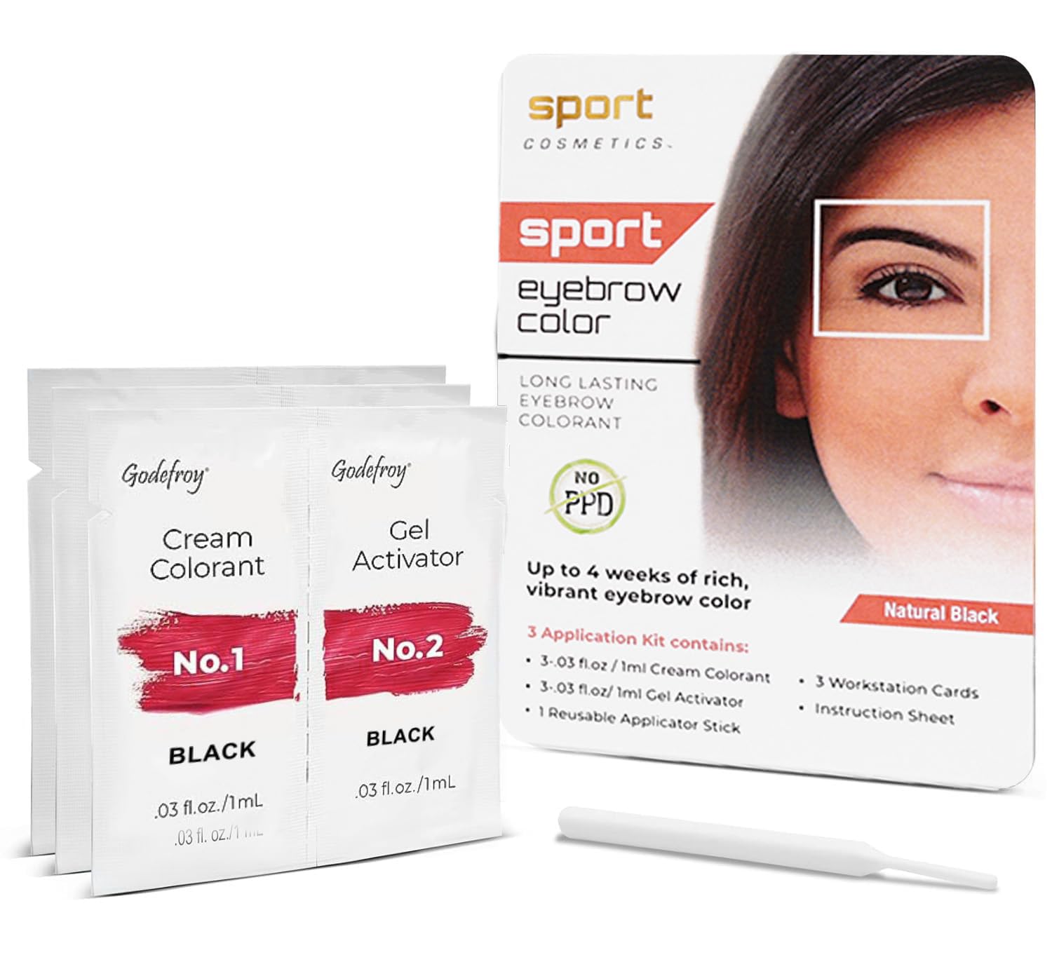 Sport Cosmetics Eyebrow Color For Women, 3 Application Kit, Natural Black