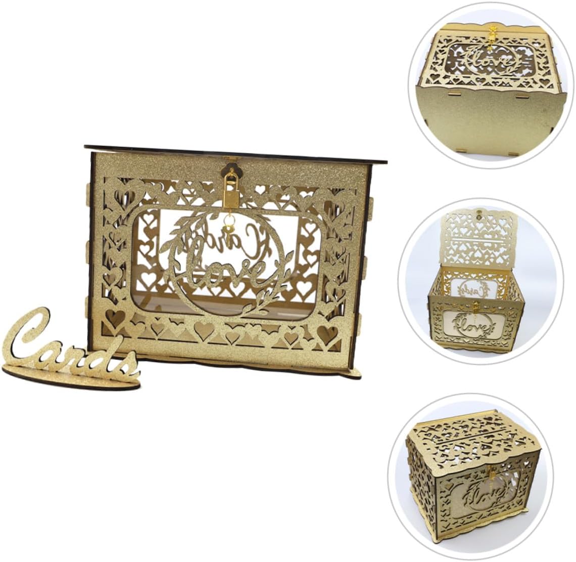 Wooden Hollow Wedding Card Box with Glitter Portable Card Holder for Anniversary and Birthday Party Decorations