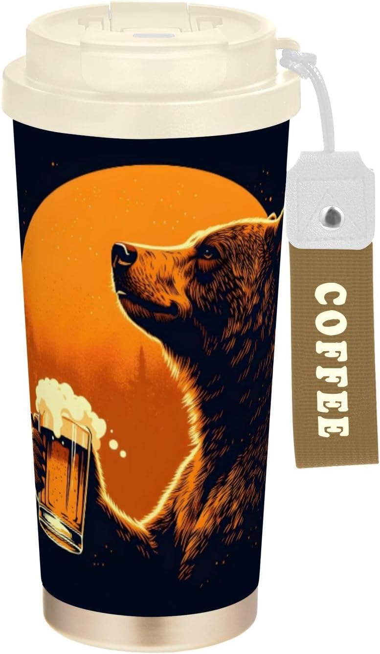 Insulated Coffee Mug Bear Beer Forest with Straw & Flip Lid, 16.9oz Iced Tumbler Cup, Double Wall Vacuum Mug for Travel Office Camping