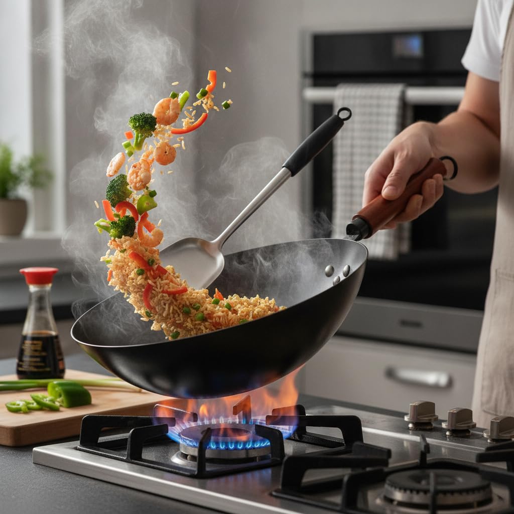 Wok Cinese in Ferro, Fondo Tondo , 30CM con orecchie+coperchio+spatola