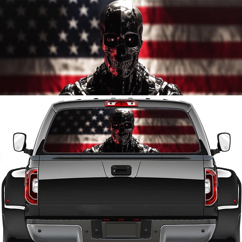 Horror Skulls Pickup Truck Decals Rear Window, Abstract Gothic Skeleton American Flag Automotive Decals and Graphics Rear Window Decals for Trucks, Car Window Decal Sticker 66 x 22 inch