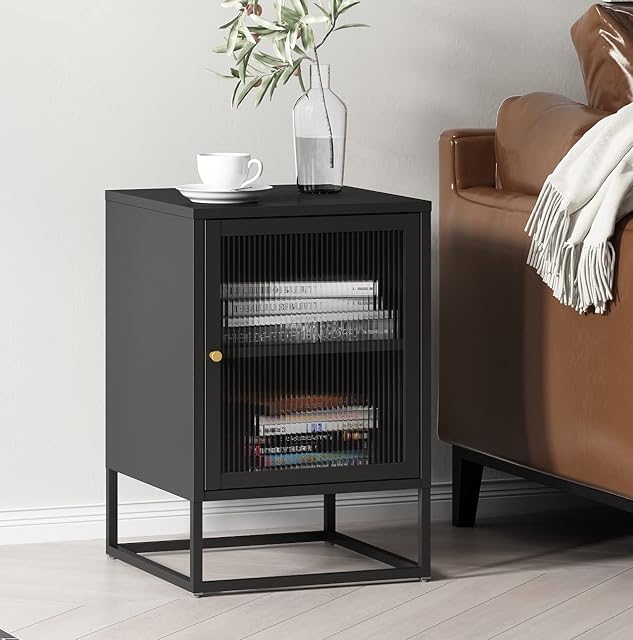 Hallowood Furniture Bewdley Small Black Metal Cabinet for Living Room - Side Table with Glass Door  Bedside Table with Powder Coated Metal Frame for Bedroom  Glazed Hallway Cupboard