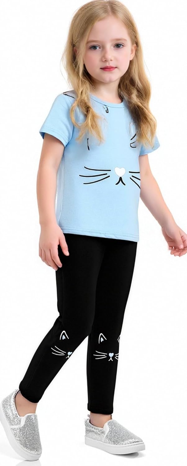 4-8T Toddler Girl Clothes Cat face print Short Sleeve Top+Pants Outfits Girl Spring and summer 2-Piece Set