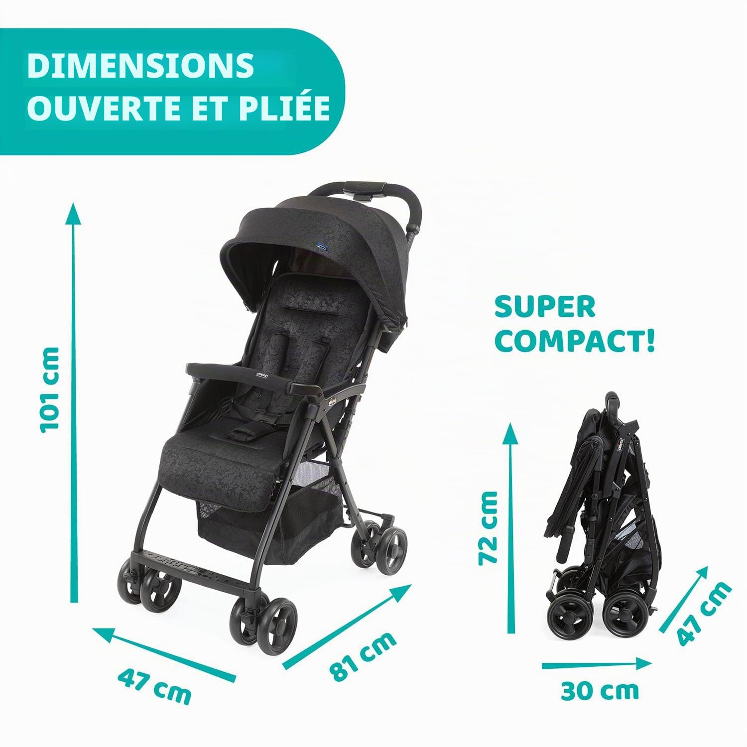 Chicco OHlalà 3 Poussette Canne Bébé Ultra légère, Compacte, Pliable et Inclinable de la Naissance à 15 kg, avec un Grand Panier, Housse de Pluie Incluse, et Toit Extensible - Jet Black