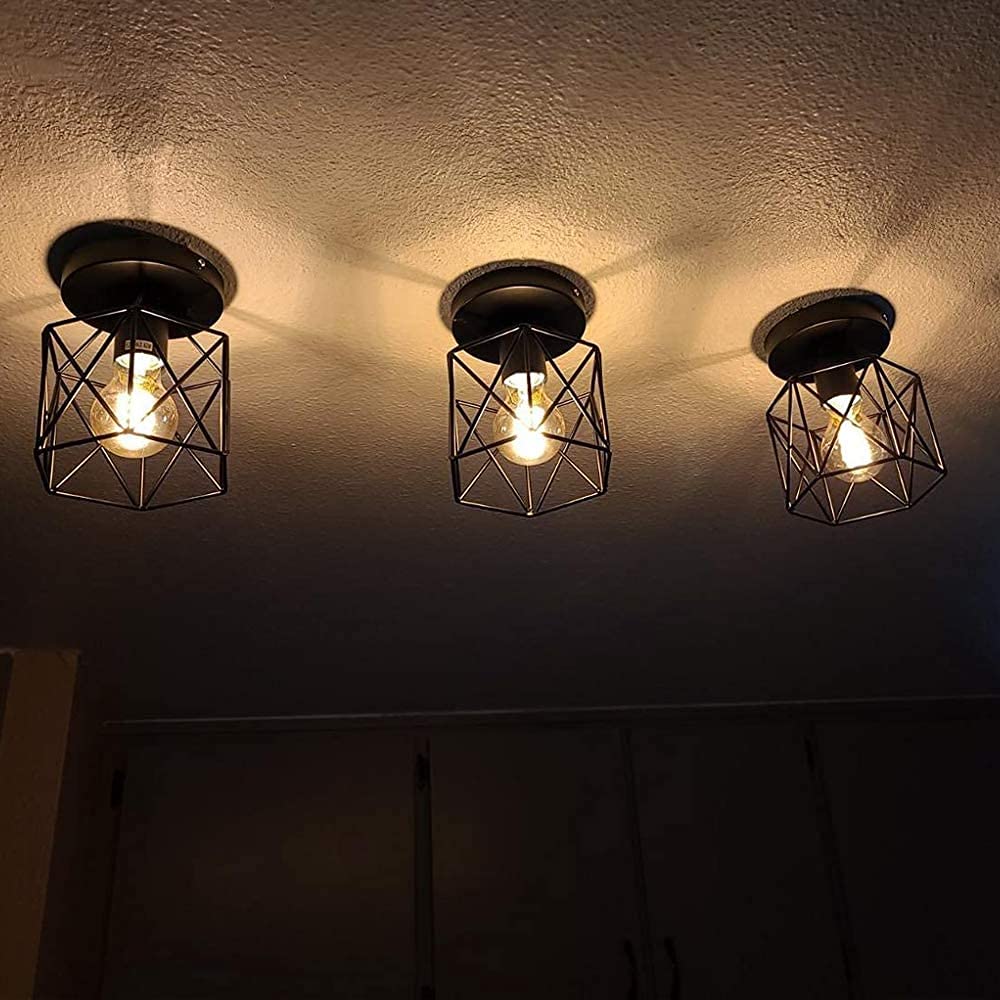 iDEGU Lot de 6 Plafonniers Industriels, 15CM Lustre Fer Forge Noir Cage Suspension Luminaire pour Chambre Entrée Café Bar (6 pcs)