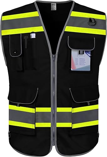 TCCFCCT Hi Vis Chaleco de seguridad reflectante de alta visibilidad con 9 bolsillos para hombres y mujeres, chaleco de trabajo de construcción con