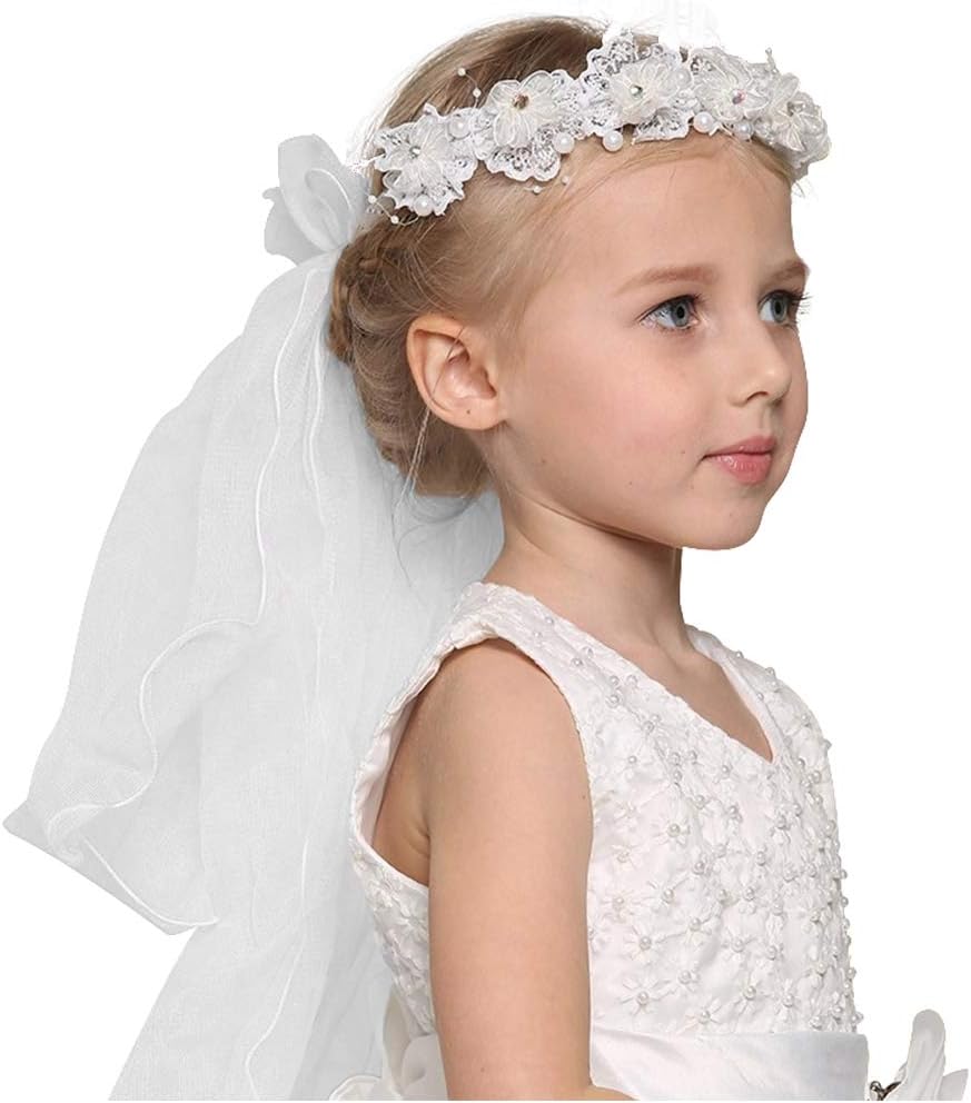 First Communion Flower Girl Bow Embroidered Wedding Veil Two Layers