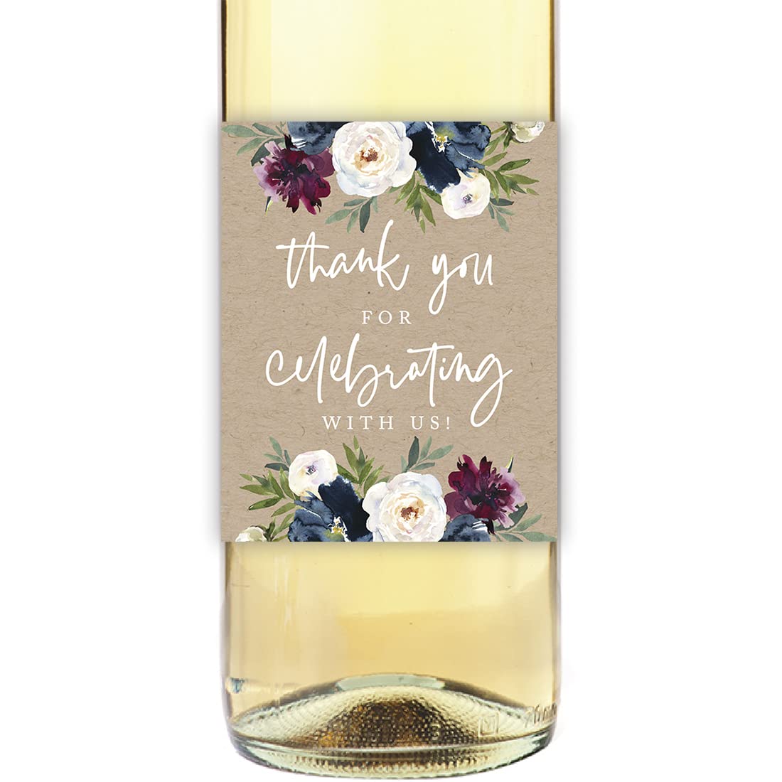 Andaz Press Kraft Brown with Burgundy Midnight Blue Florals Fall Wedding Party Collection, Wine Bottle Label Stickers, Thanks for Celebrating with Us, Floral Bouquet Graphic Design, 20-Pack