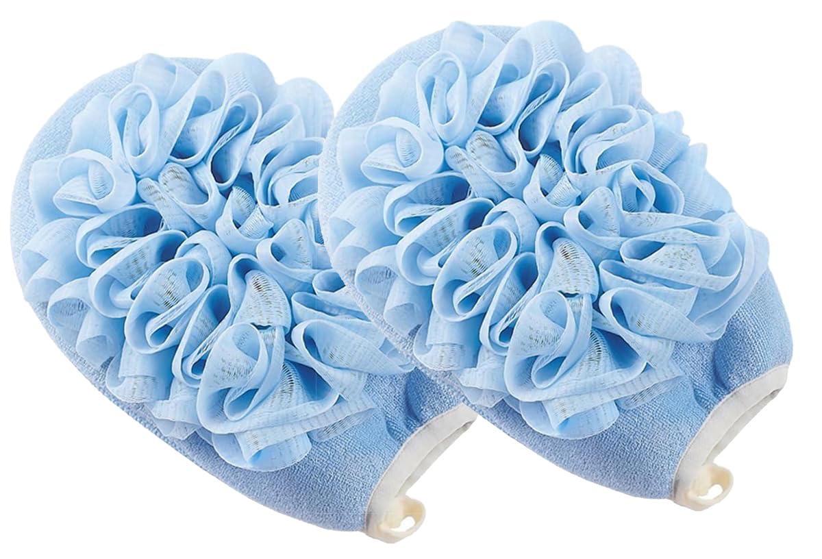 ECVV2 Pack Exfoliating Glove Body Scrubber, Double Sided Shower Scrubbing Mitt, Bath Shower Sponge, Dead Skin Remover, Shower Loofahs Mesh Balls Body Wash Bathroom for Men Women