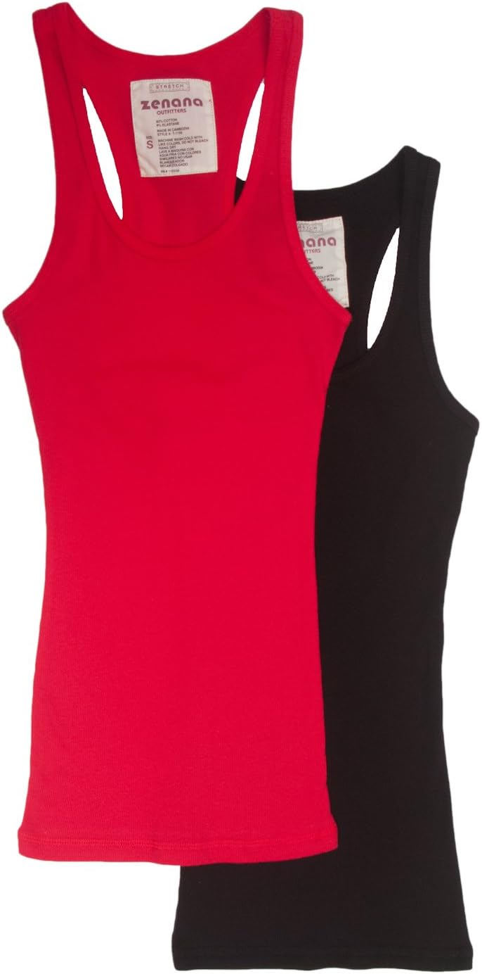 2 Pack Zenana Women's Basic Ribbed Tank Top Med BLACK RED