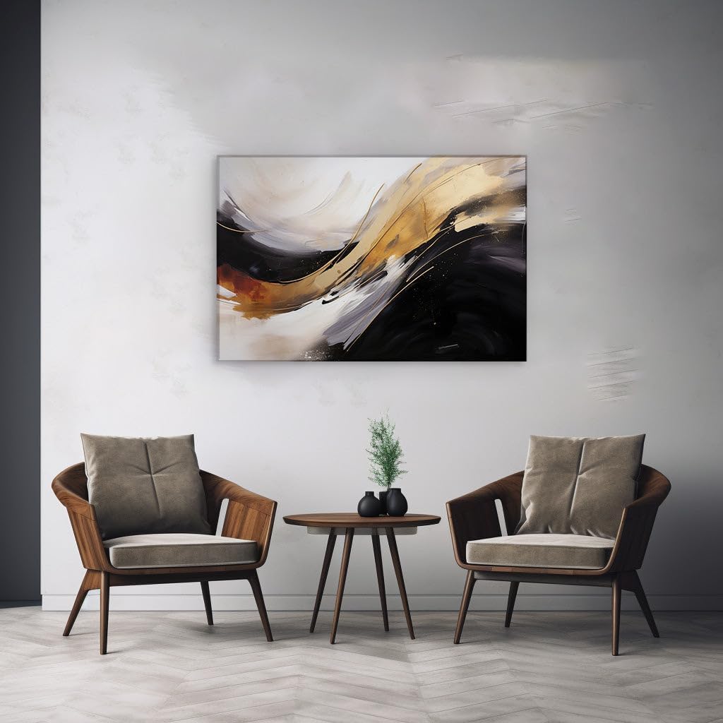 Canvas for Living room. Golden Swirls and Monochrome Mystique: Capturing Movement in Abstract Art, 27 x 18 inch Canvas Wall Art - Contemporary Masterpieces - Modern Home Decor
