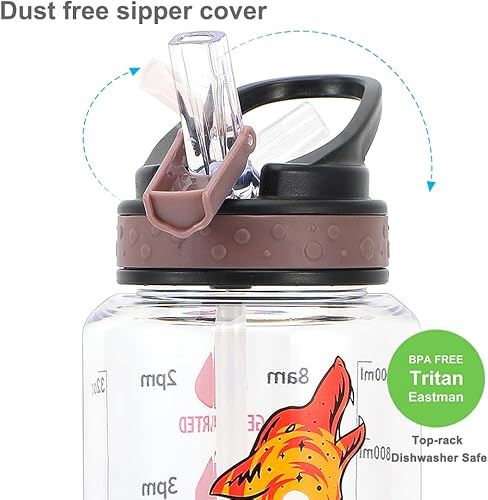 Miniatura 3 de Botella de agua de 32 onzas con popote y marcador de tiempo Tritan sin BPA a prueba de fugas asa de transporte diseño único y fácil de limpiar joven