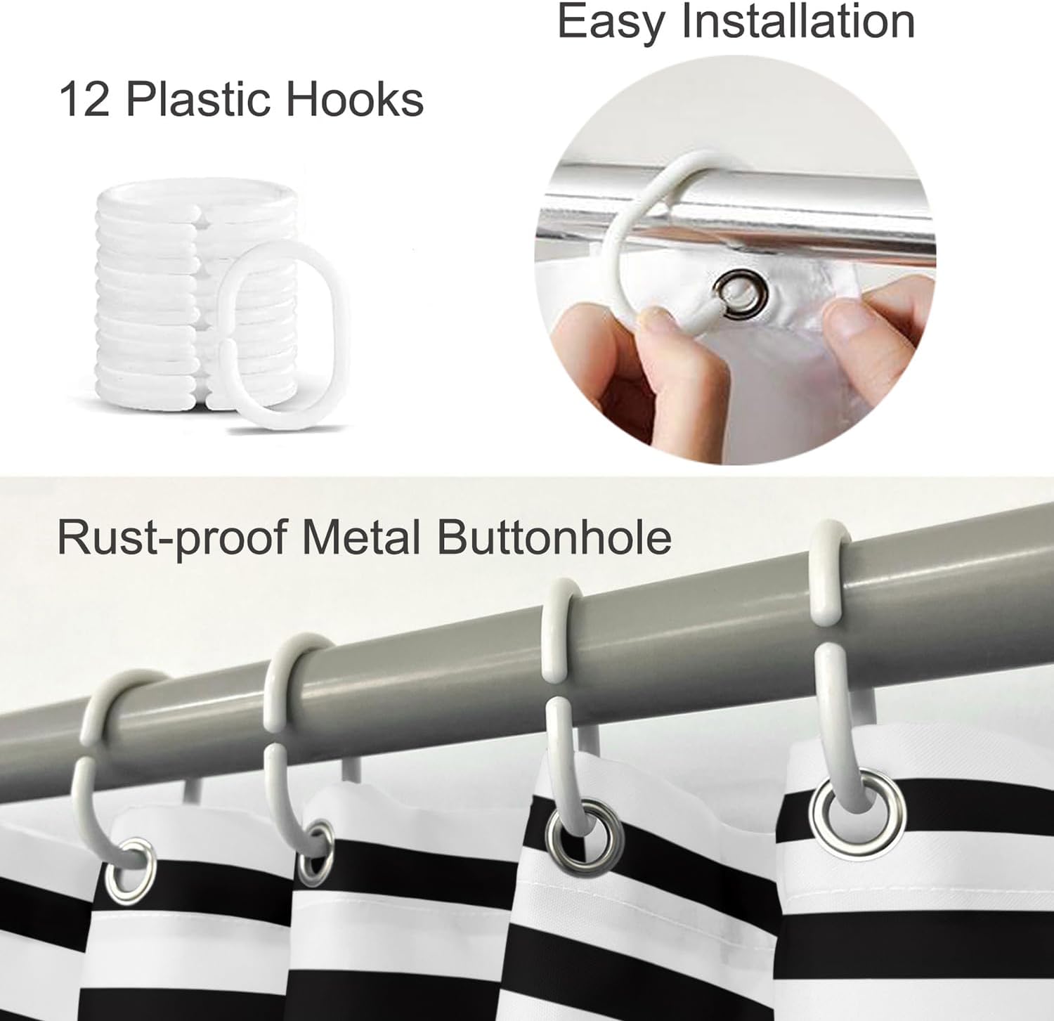Moslion Red Love Hearts Bathroom Curtains Black White Stripes Valentine's Day Home Decoration Waterproof Fabric Shower Curtain with Hooks 72x72 Inch