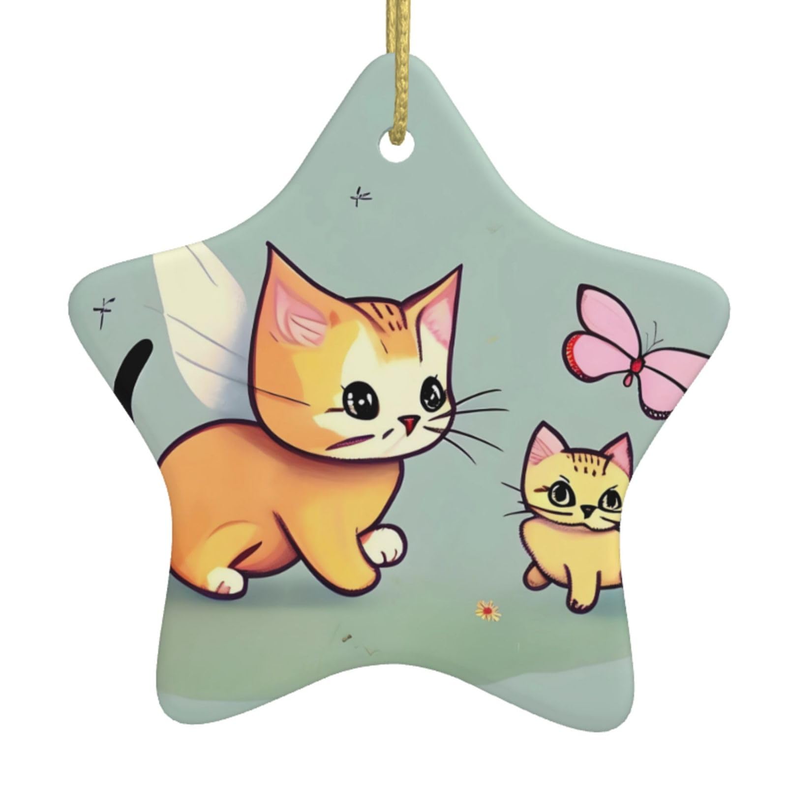 Kitten Butterfly Christmas Ceramic Star Pendant with Punched Holes and Gold Wire Rope, Christmas Tree Home Decoration