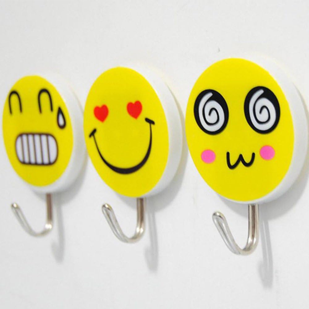 6X Assorted Cute Emoji Children Wall Hooks Sticky Self Adhesive Hanging Hooks for Bathroom Kitchen Door Keys Kids Coats Bath Robe Towel Cooking Utensils etc.