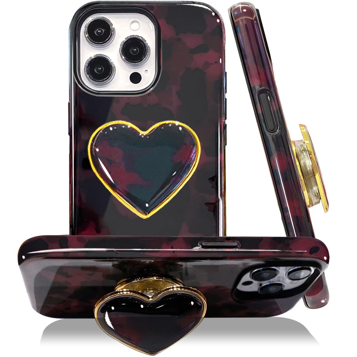 Photo 1 of **NO GRIP**Cute Case for iPhone 15 Pro, Tortoise Shell Phone Case with Heart Printing Holder Kickstand, Hybrid 2-Layer Soft Hard Shell, Brown Amber Print Leopard Shockproof Protective Cover for Women Girls