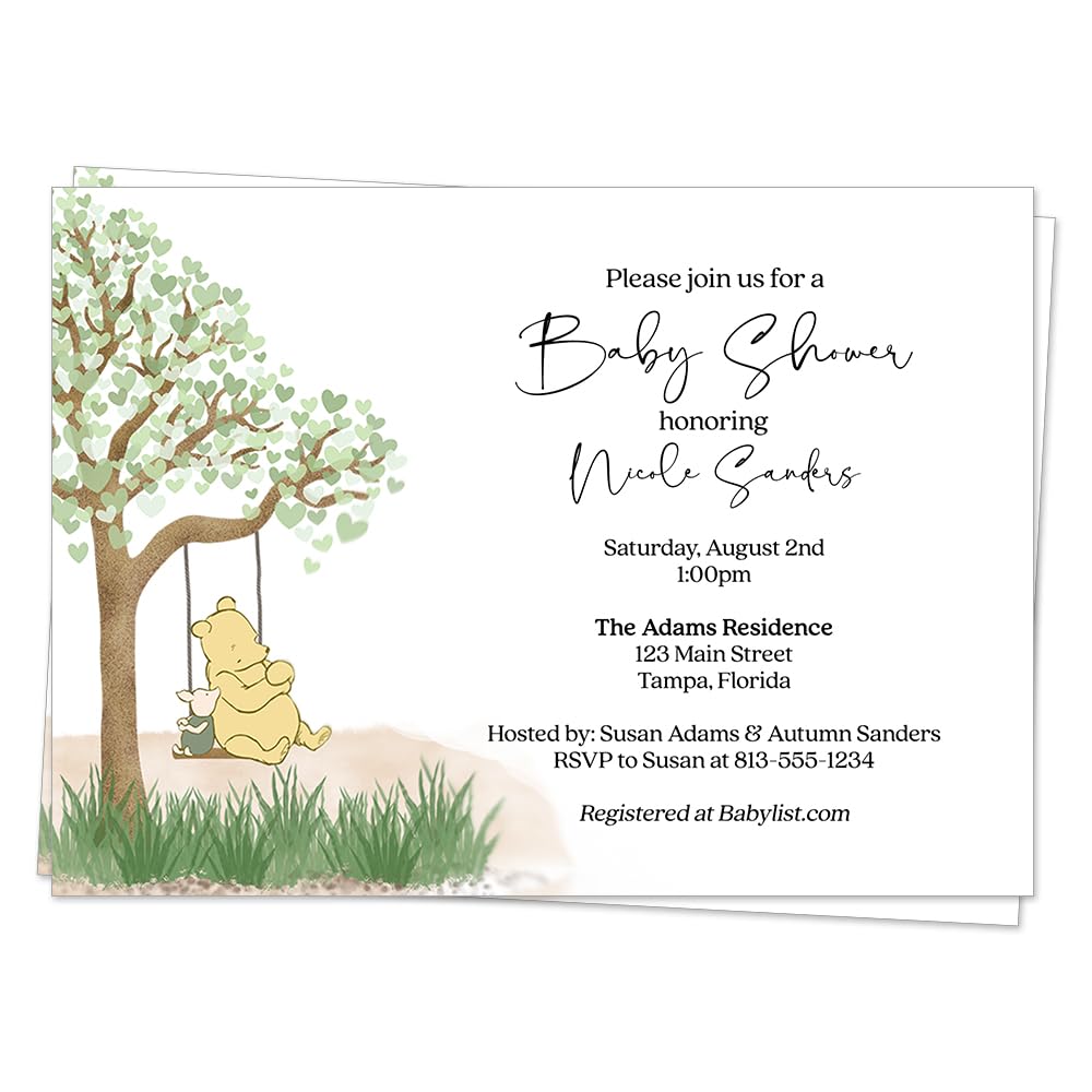 Winnie the Pooh Baby Shower Invitation Pooh Bear Vintage Nostalgic Unisex Gender Neutral Tree Watercolor Sprinkle Custom Printed Personalized Customized (12 count)