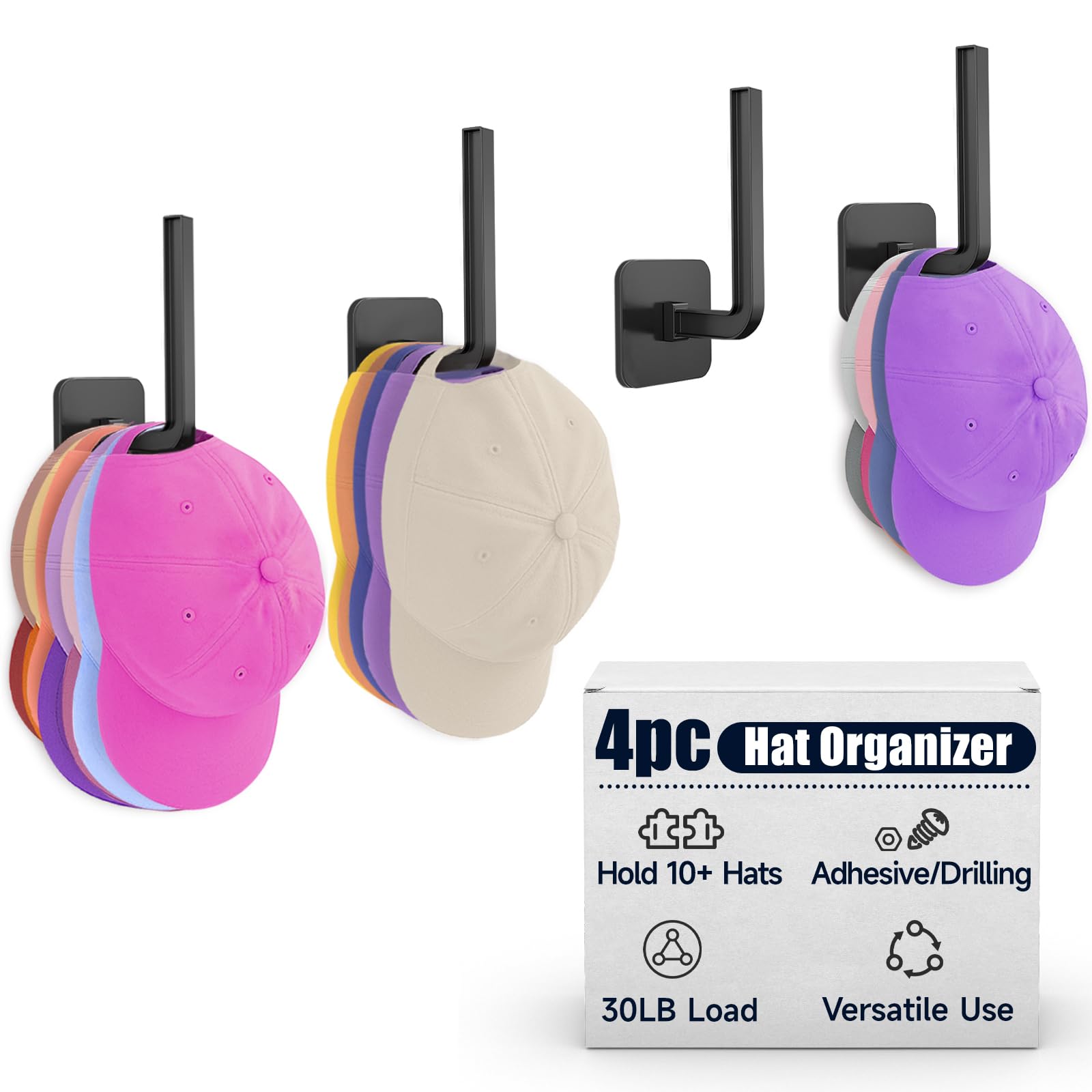 Lydia's Deal 4 Pack Hat Rack for Wall - Hat Organizer for Baseball Caps with Adhesive/Drilling, Multi-Purpose Wall Organizer Hooks for Closet, Door,