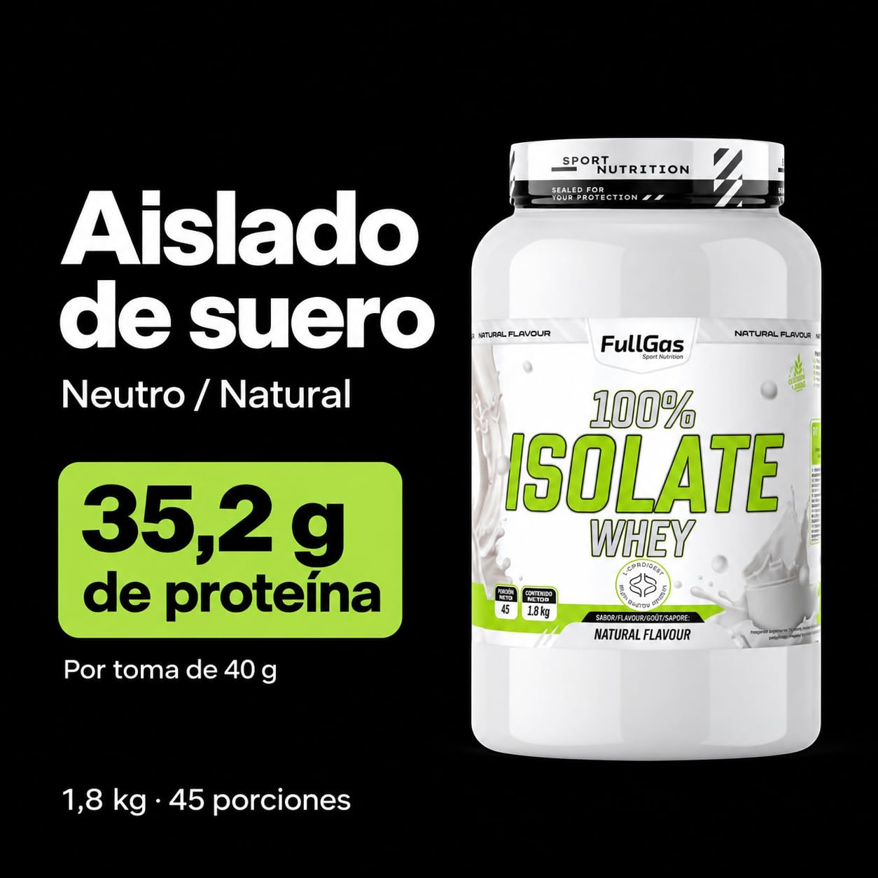 FullGas 100% Isolate Whey Proteína de Suero Aislada Neutro Sin Gluten Apta para Vegetarianos 1,8kg