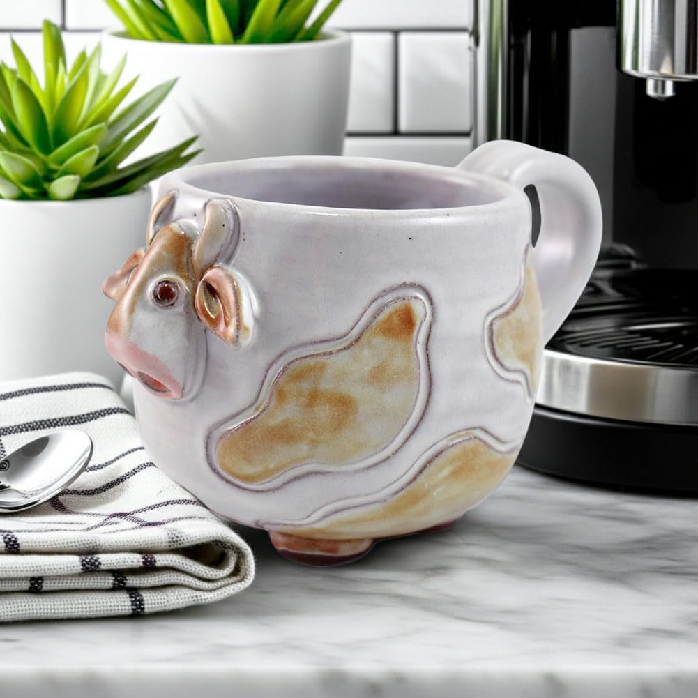 Mootilda American Handmade Stoneware Pottery Cow Mug, 14 oz, Brown Version