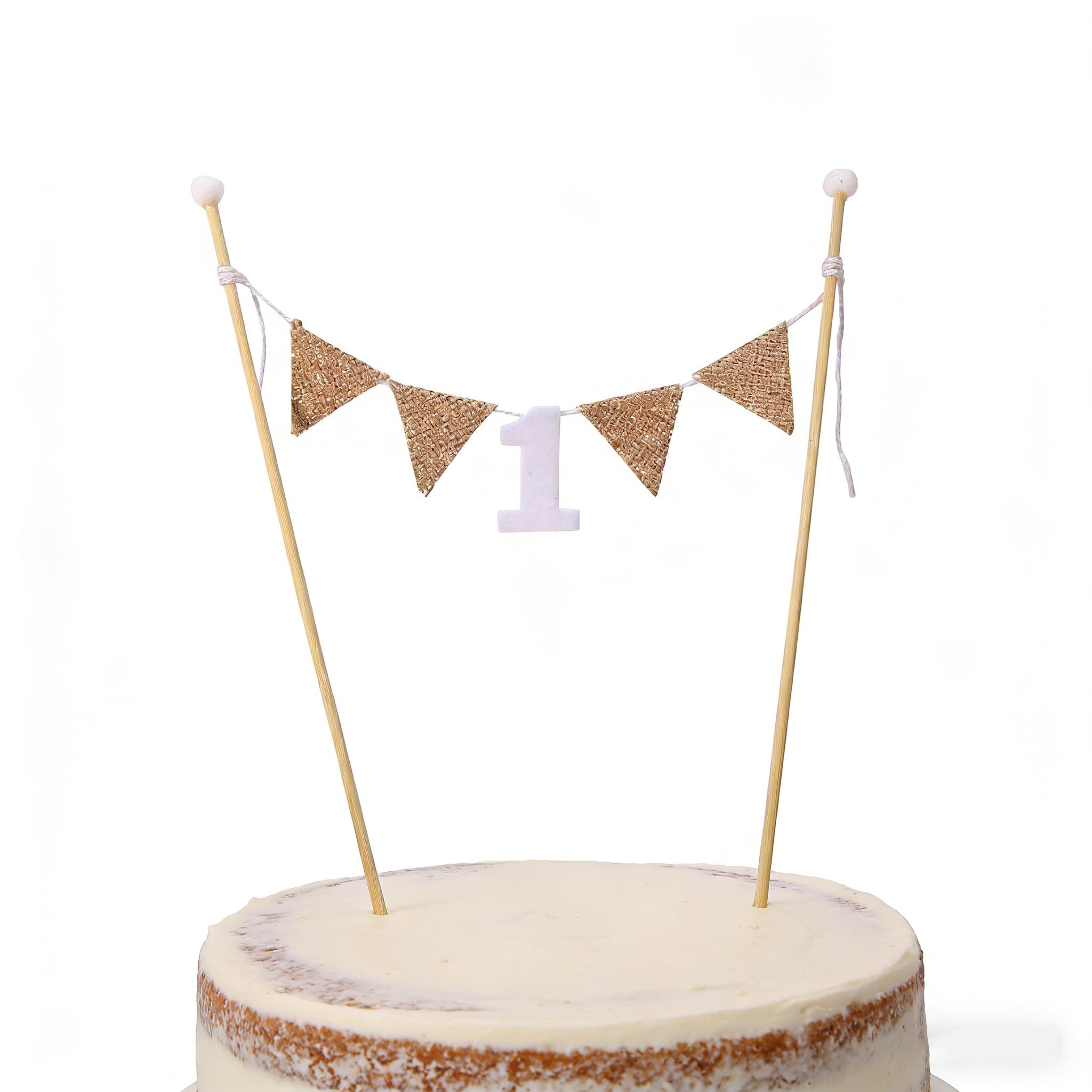 1st Birthday Cake Topper - Natural Material Linen Bamboo Decor with Removable Photo Frame - Adjustable Depth for Any Cake Size - Perfect for Baby's First Birthday Party