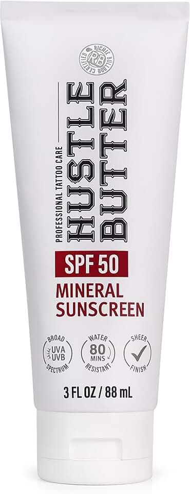Hustle Butter Tattoo Aftercare Sunscreen - Tattoo Sunscreen Lotion - Fade Protection, SPF 50, Hydrating with Shea Butter &amp; Coconut Oil, TSA-Friendly, Water Resistant, Non-Greasy, 3 oz