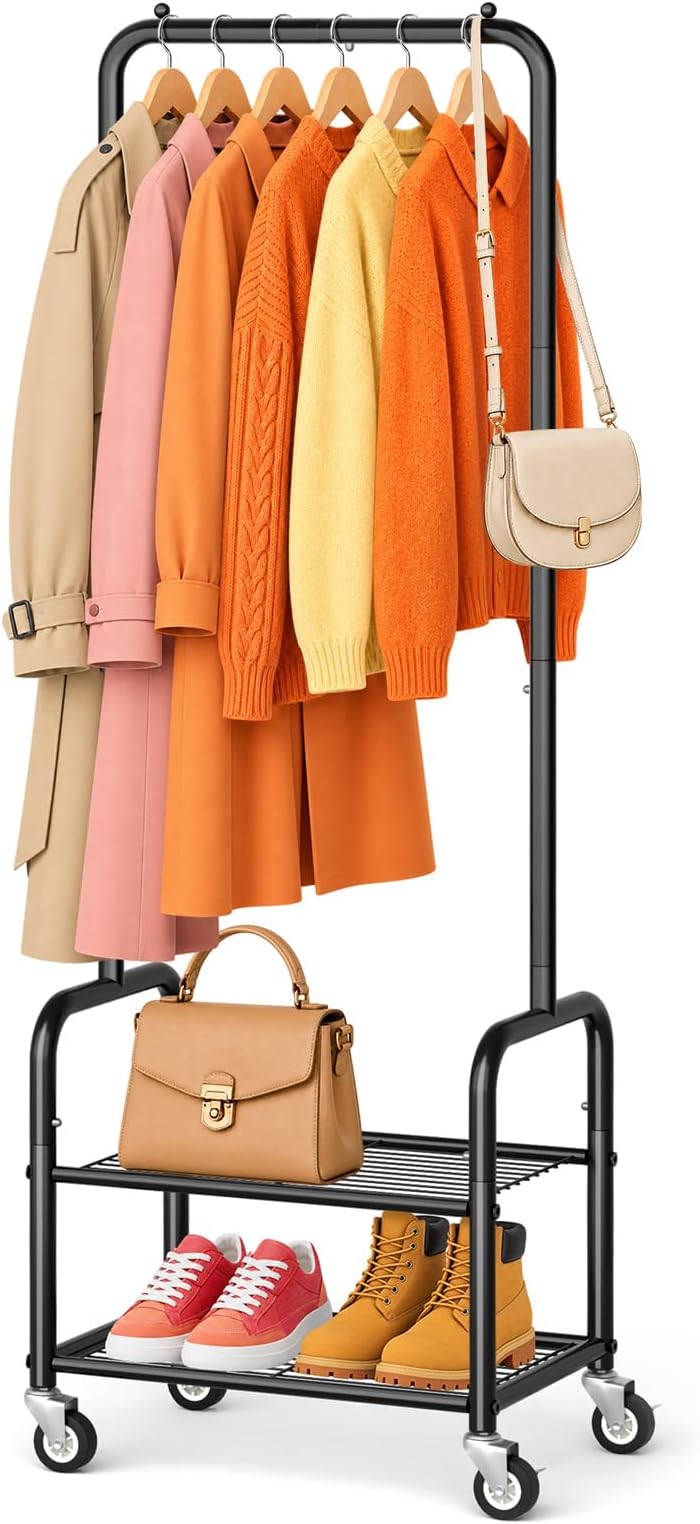 AOODA Small Clothes Rack with Shelves, Metal Sturdy Rolling Clothing Racks for Hanging Clothes, Portable Garment Rack with Wheels for Shirts, Coats, Shoes, Bags (Black)