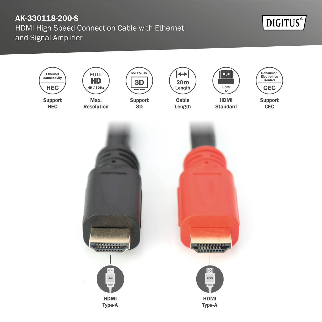 DIGITUS Kabel HDMI – z wzmacniaczem sygnału – 20m – Ultra HD 4k/30 Hz – kompatybilny z telewizorem/projektorem/monitorem – pozłacane styki – Polybag – czarny