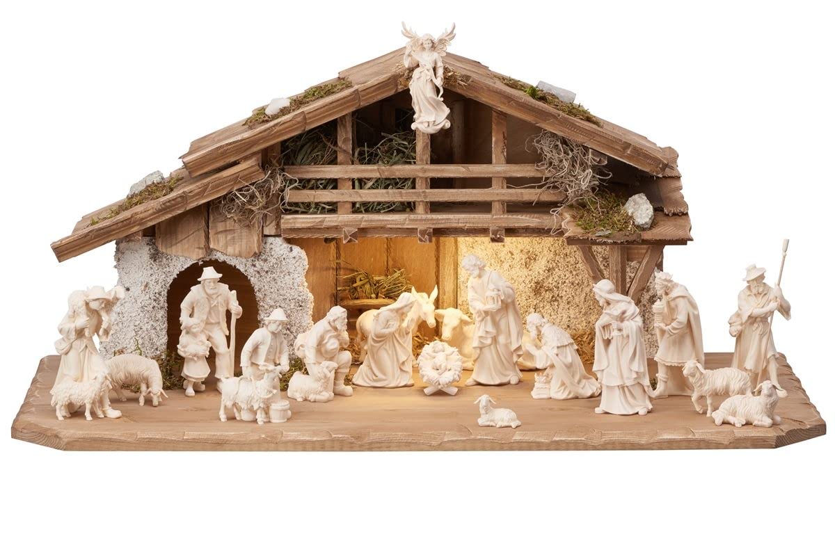 Set Presepe Completo in Legno con capanna Alpina e Luce Composto da 20 Pezzi, Creato Interamente a Mano in Val Gardena -Versione statuine Color Naturale (Altezza Giuseppe cm 9,5)