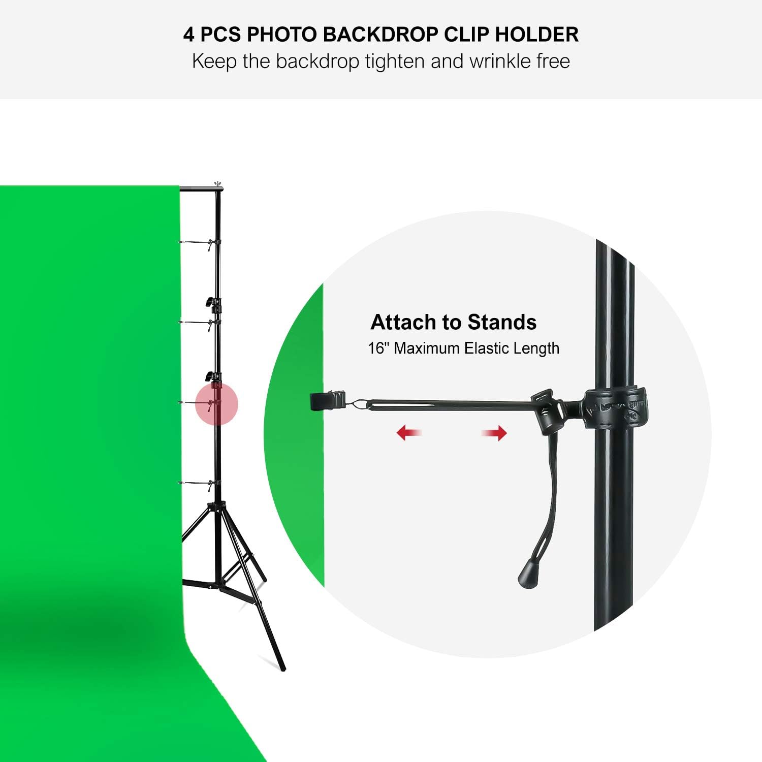 JS JULIUS STUDIO 10 ft. Wide Backdrop Stand, 9 x 13 ft. Silky Texture Green Screen Chromakey Background Backdrop with 4 Set of Strong Clamps and String Clips, JSAG704