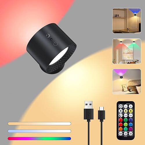 Miniatura 9 de AnnBay Aplique de pared funciona con pilas, lámparas LED de pared con atenuación, 3 temperaturas de color e iluminación RGB, apliques de pared