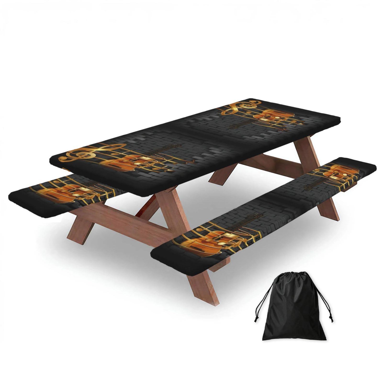 Zyjhyy Black Note Guitar Print 3 Pack Wipeable Picnic Bench Cover And Table Cover Lightweight Table Cloth For Camping Outdoor