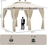 Devoko Gazebo Esterno Resistente 3x4m con Luce LED, Gazebo da Giardino Impermeabile Robusto per 6-8 Persone, Doppio Tetto Protezione UV50+, Tenda da Giardino per Famiglie Festival Eventi, Beige - 3