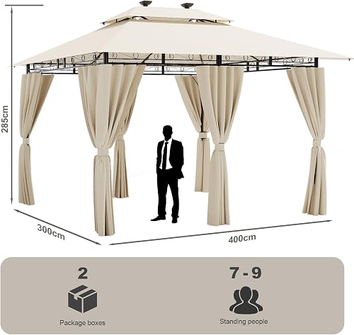 Devoko Gazebo Esterno Resistente 3x4m con Luce LED, Gazebo da Giardino Impermeabile Robusto per 6-8 Persone, Doppio Tetto Protezione UV50+, Tenda da Giardino per Famiglie Festival Eventi, Beige - 3
