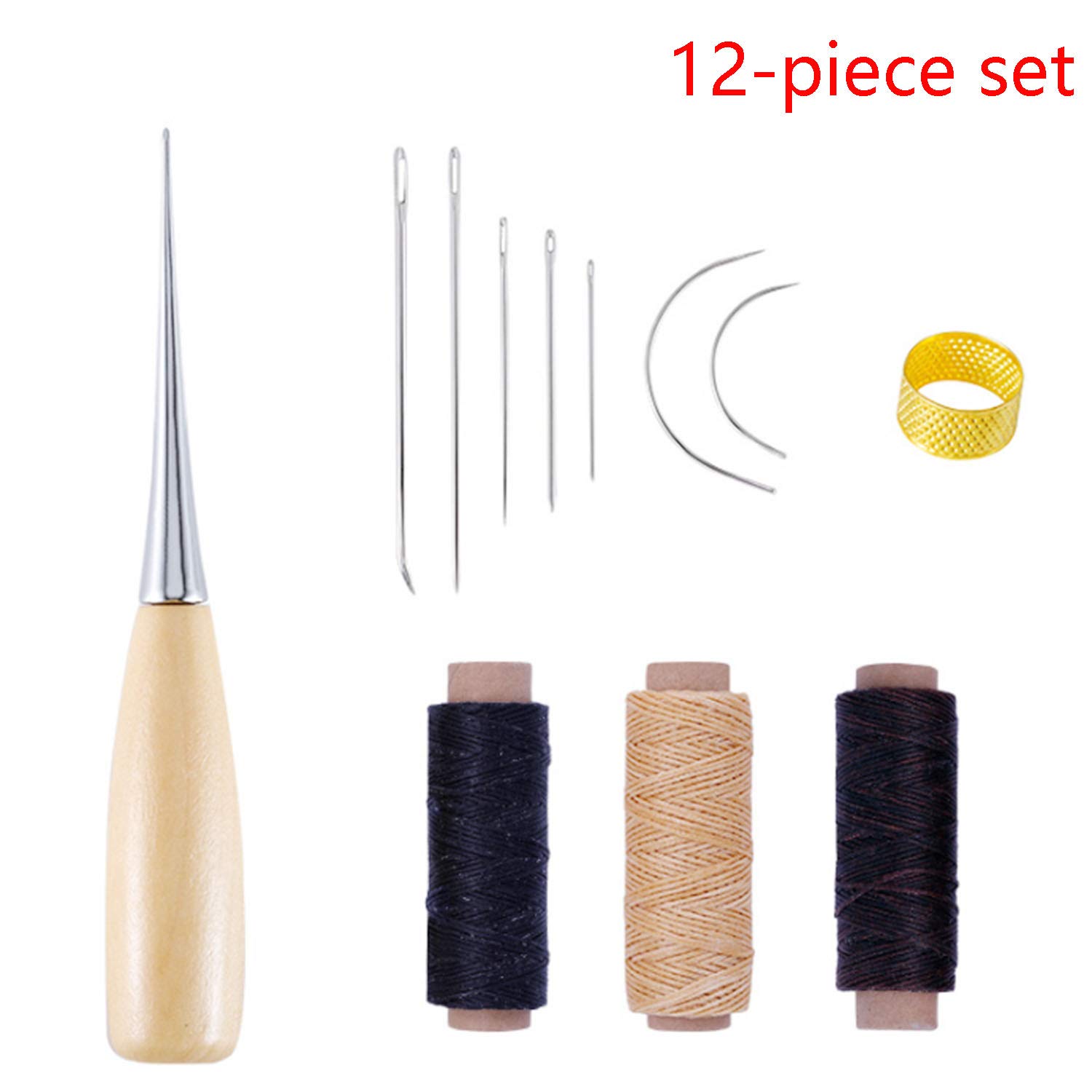 RuiLing 12-Pack Leathercraft Repair Tools Set Needles(7pcs), Waxed Threads (3 Rolls), Awl (1pcs), Thimble(1pcs) DIY Handmade Sewing Leather Crafts Handwork Stitching Accessories