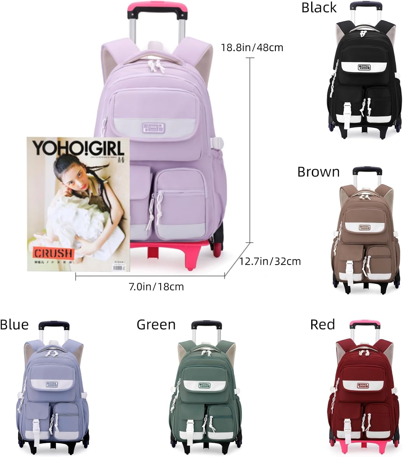 Solid Color Rolling Backpack for Girls Boys Cute Elementary school bag with wheels,Blue Trolley Bags for Travel - Image 2