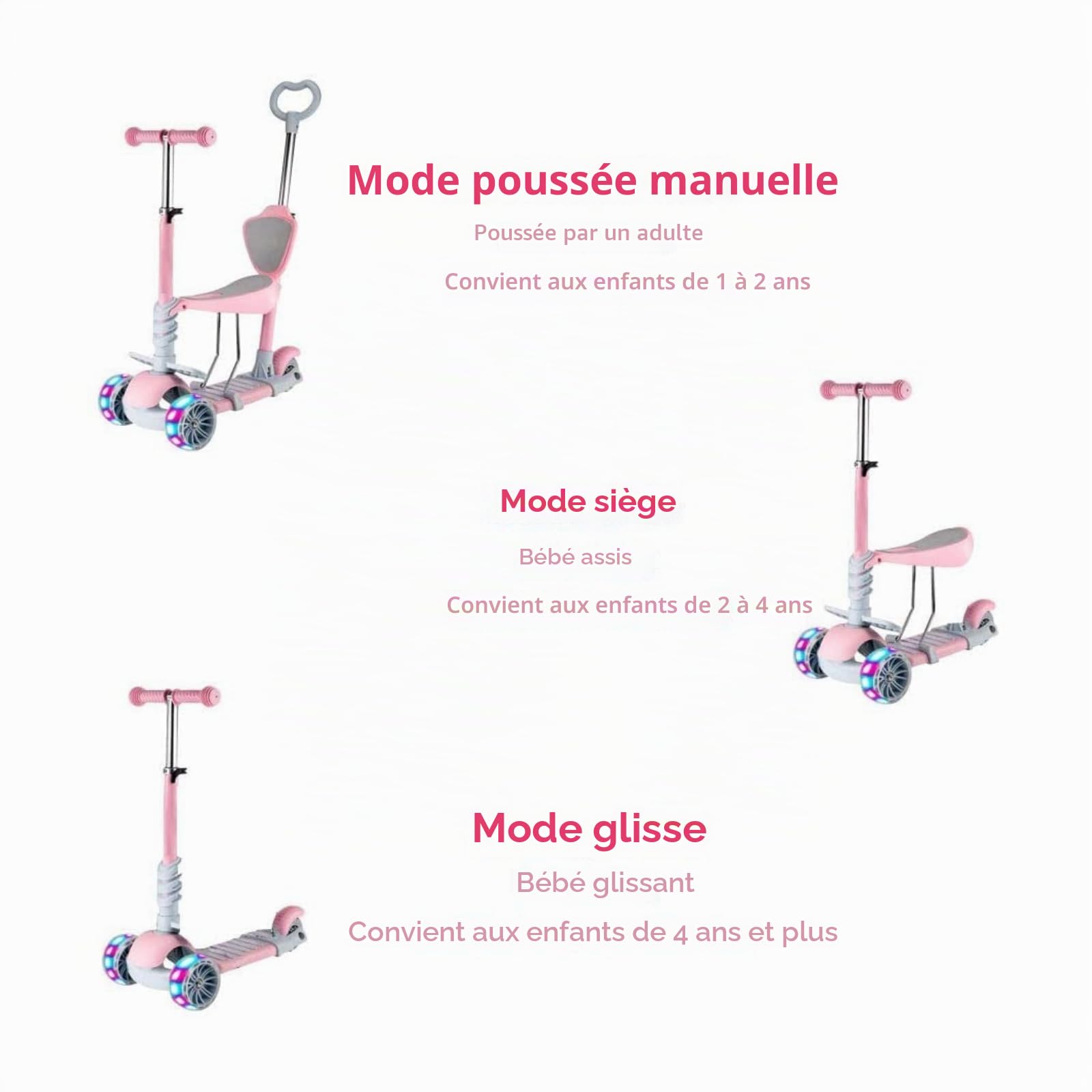 Trottinette pour Enfants 5 en 1 avec siège Amovible, 3 PU Roues Lumineuses, Guidon Réglable en Hauteur, Facile à Diriger, Dossier Confortable, Patinette Antidérapante pour Filles/Garçons de 1 a 6 Ans