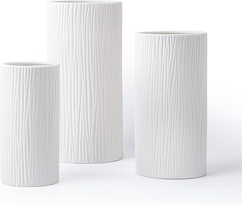 Miniatura 6 de D'vine Dev Florero cilíndrico de 8 pulgadas, florero de cerámica texturizado cascada blanca para decoración del hogar, VS-CR-8