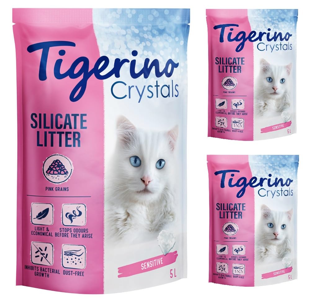 Tigerino - Lettiera per gatti Crystals 15 l, colorata | Multipack | Sensitive e senza profumo | per gatti sensibili agli odori | senza polvere, altamente assorbente e rendimento | Senza profumi | 3 x