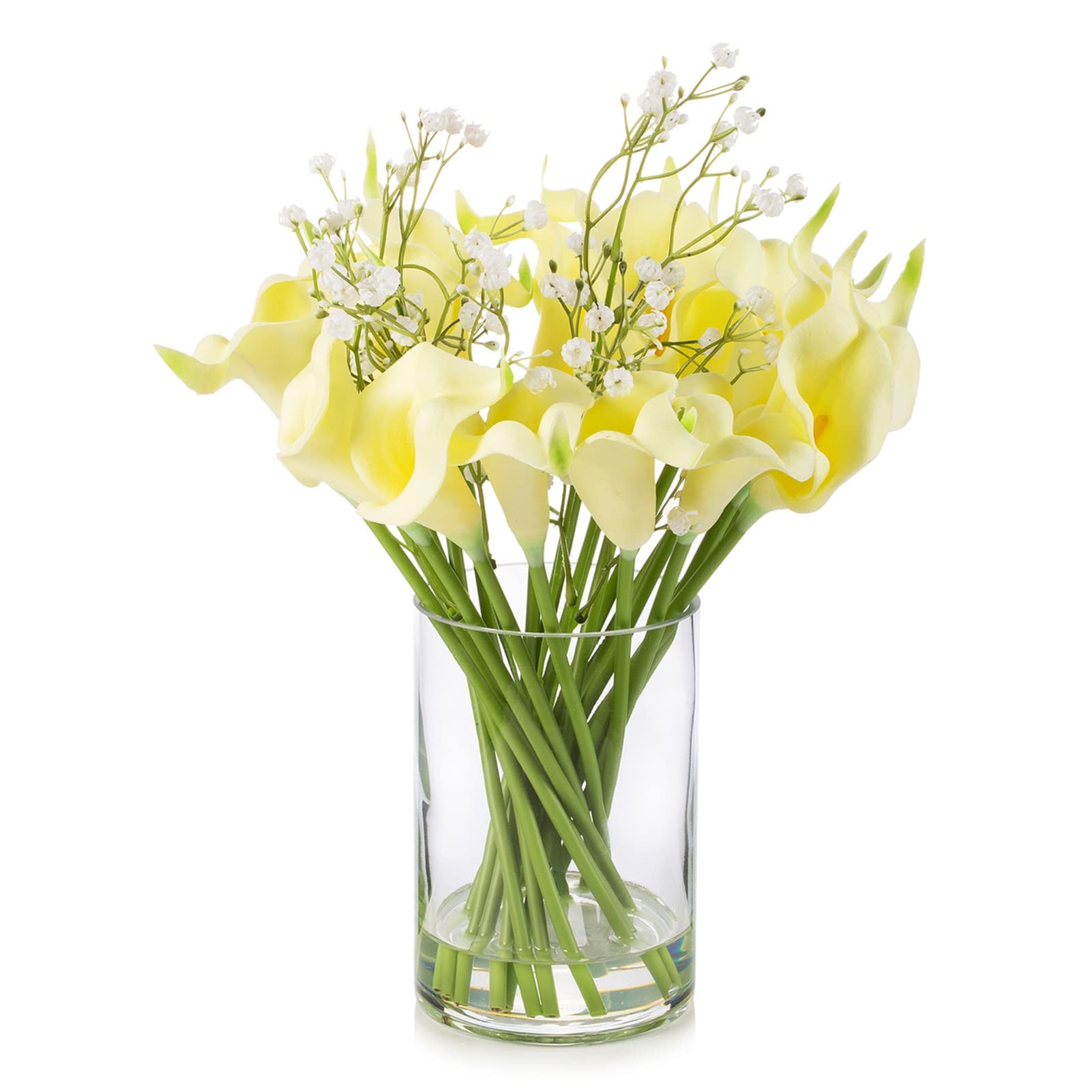 ENOVA FLORAL Calla Lilies Artificial Flowers in Glass Vase, Mixed Faux Real Touch Babys Breath and Lilies Fake Flowers with Faux Water in Vase for Dining Table Decor (Ivory)