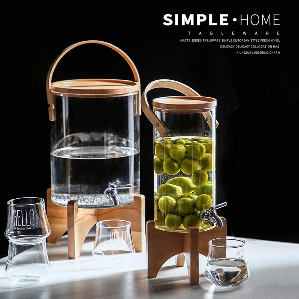Distributore Acqua Domestico e Ufficio, Contenitore in Vetro con Supporto di Legno, Dispenser Bevande Bibite Caraffa Barattolo Mason Jar, 2.8/6.6 Litri Capacità2.8L