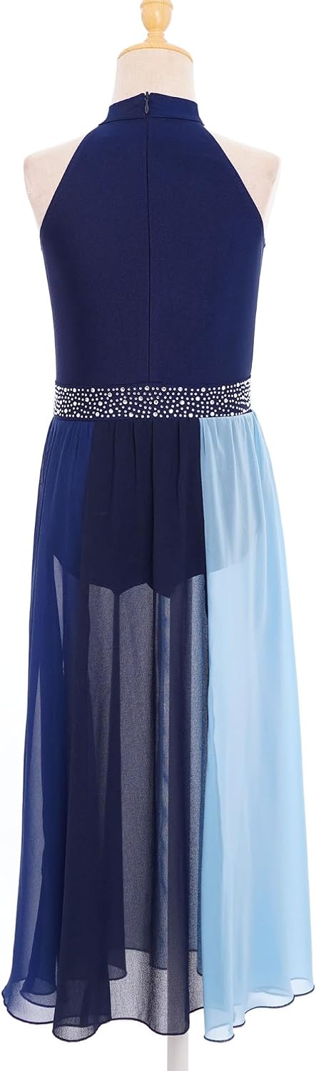 Junior Girls Ballet Skirted Leotard Color Block Flowy Skirt Tulle Maxi Dress Modern Lyrical Dance Outfits