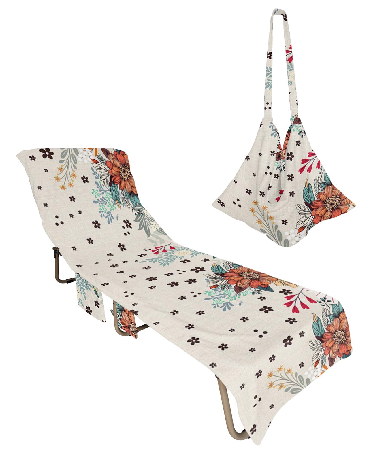 Spring Floral Beach Lounge Chair Towel Cover, Soft Chaise Lounge Towel with Side Pockets Patio Pool Chairs Cover for Beach/Pool Sunbathing 29x85 Boho Ethnic Summer Botanical Flowers Rustic