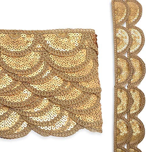 Trimming Shop Sequin Golden Lace Sari Border Decorative Trim Ribbon For Sewing, Crafting, Embellishment Wedding Bridal Dresses, Fashion Garments, 40Mm Wide, 2 Metres #TOP6