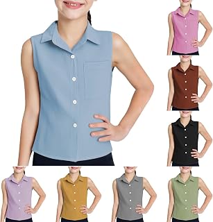 Blusa tipo túnica sin mangas para niñas, con botones, para adolescentes, con bolsillos, solapa, ajuste delgado, estético, elegante, camiseta lisa