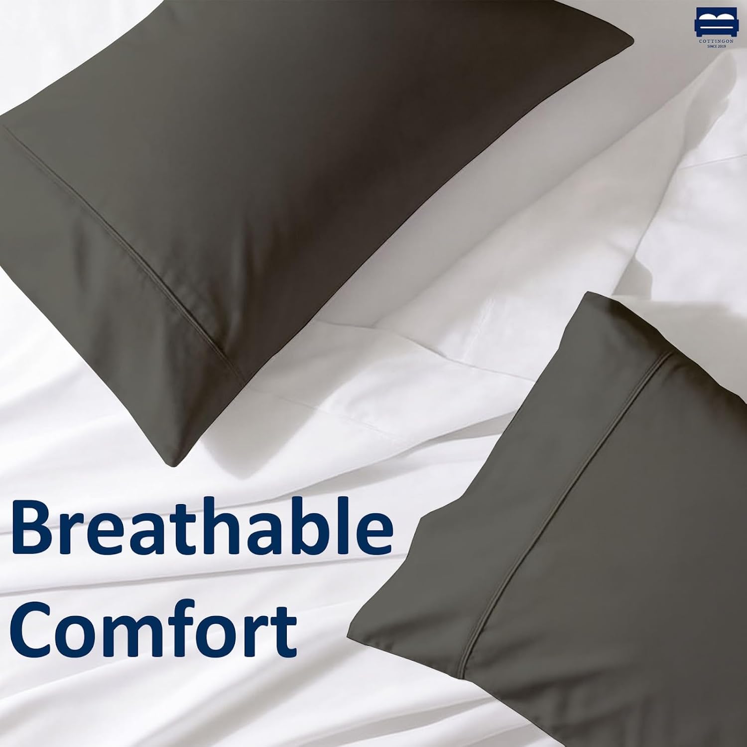 Cottingon Pillowcases Set of 2 - Premium Sateen Weave, 100% Egyptian Cotton Pillow Covers, Cooling, Hotel Collection Quality, Ultra-Soft & Breathable King Size 20x40 Inches, Dark Grey Solid