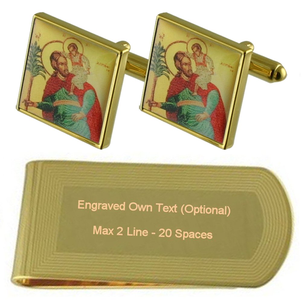 Saint Christopher Traveller Gold-tone Cufflinks Money Clip Engraved Gift Set