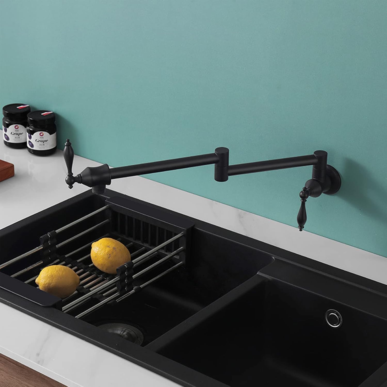 Amazon 真鍮製ポットフィラー、ポットフィラー蛇口ウォールマウント、商用ウォールマウント折りたたみ式伸縮性ブラスキッチン蛇口、ダブル