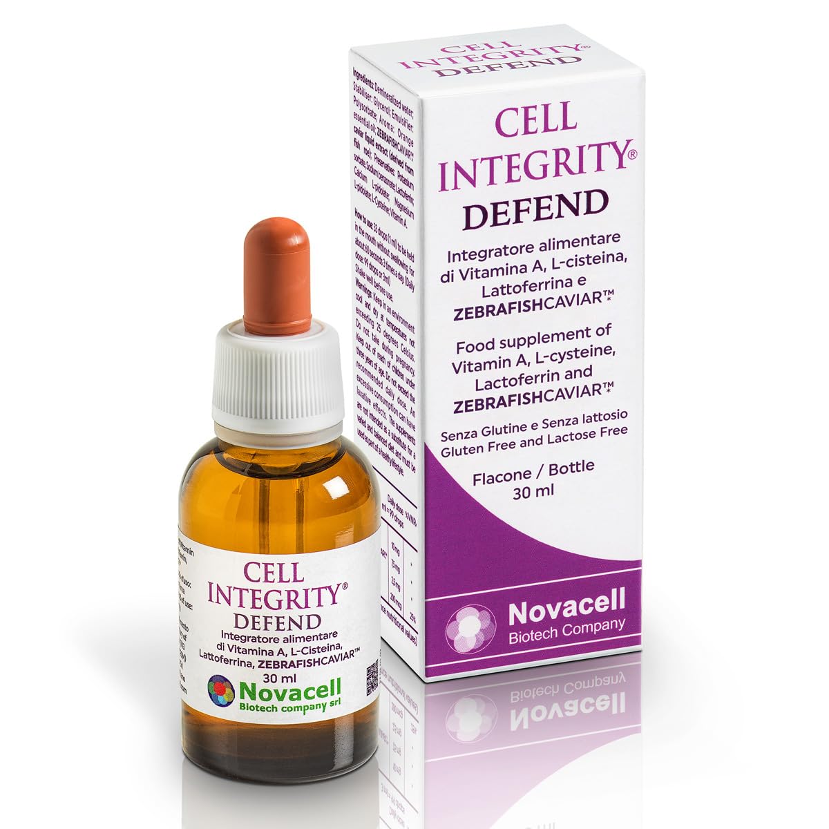 NOVACELL BIOTECH – Cell Integrity Defend Gocce con Vitamina A, Acetilcisteina, Lattoferrina e ZEBRAFISHCAVIAR™ – Supporto Immunitario, Energia e Benessere Cellulare – Senza Glutine e Lattosio – 30 ml