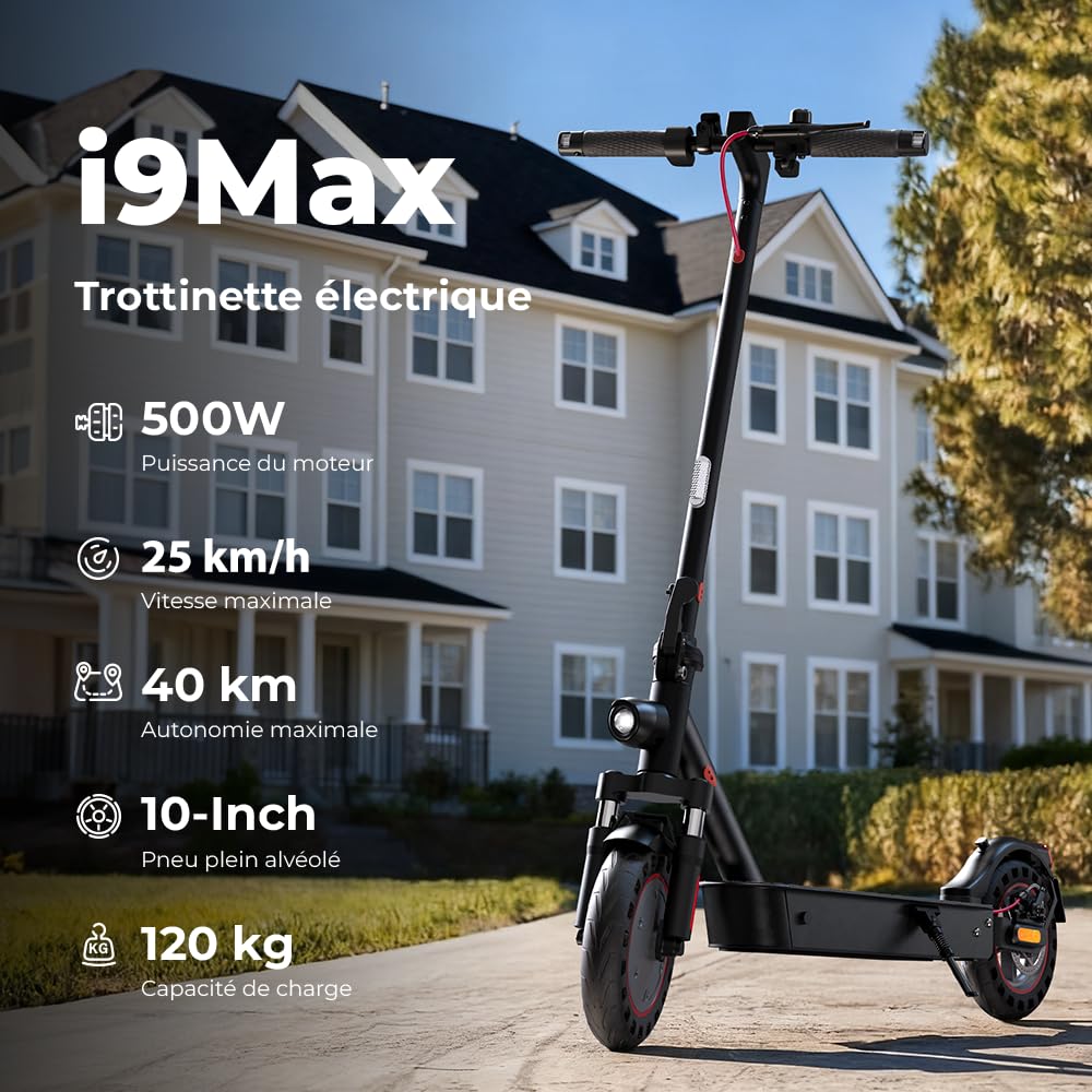 iScooter 10" Patinete Eléctrico Adultos Homologado DGT, 500W Motor, Autonomía De 30-40 KM, Máxima 25KM/H, Bocina, Timbre, Intermitentes, App, Frenado Doble, Plegable, Carga 120 KG, Bloqueo/Desbloqueo